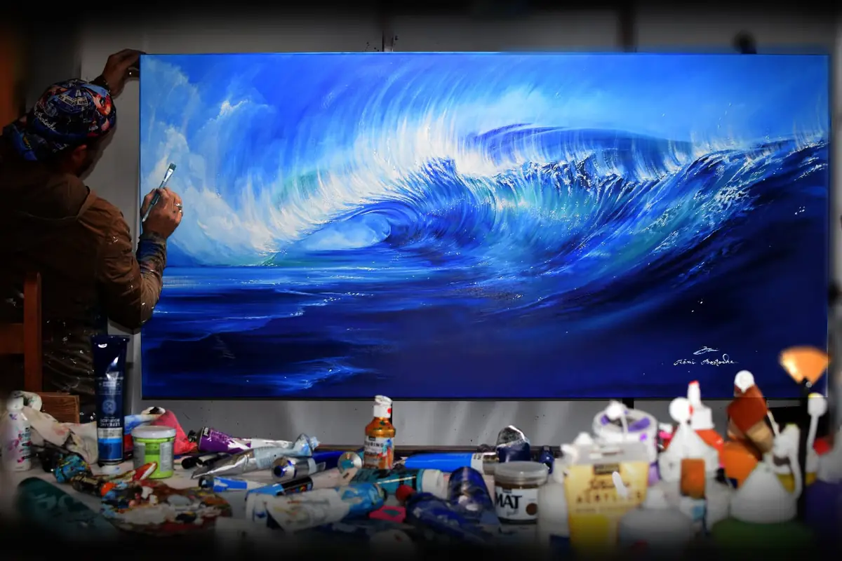 Grande peinture à l’huile en cours dans l’atelier de Rémi Bertoche
